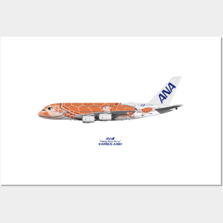 Illustration of ANA Airbus A380 - Flying Honu Ka La Posters and Art